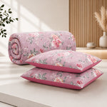 Set Pilotă Matlasată cu 2 Perne, Floral Roz, Model 9