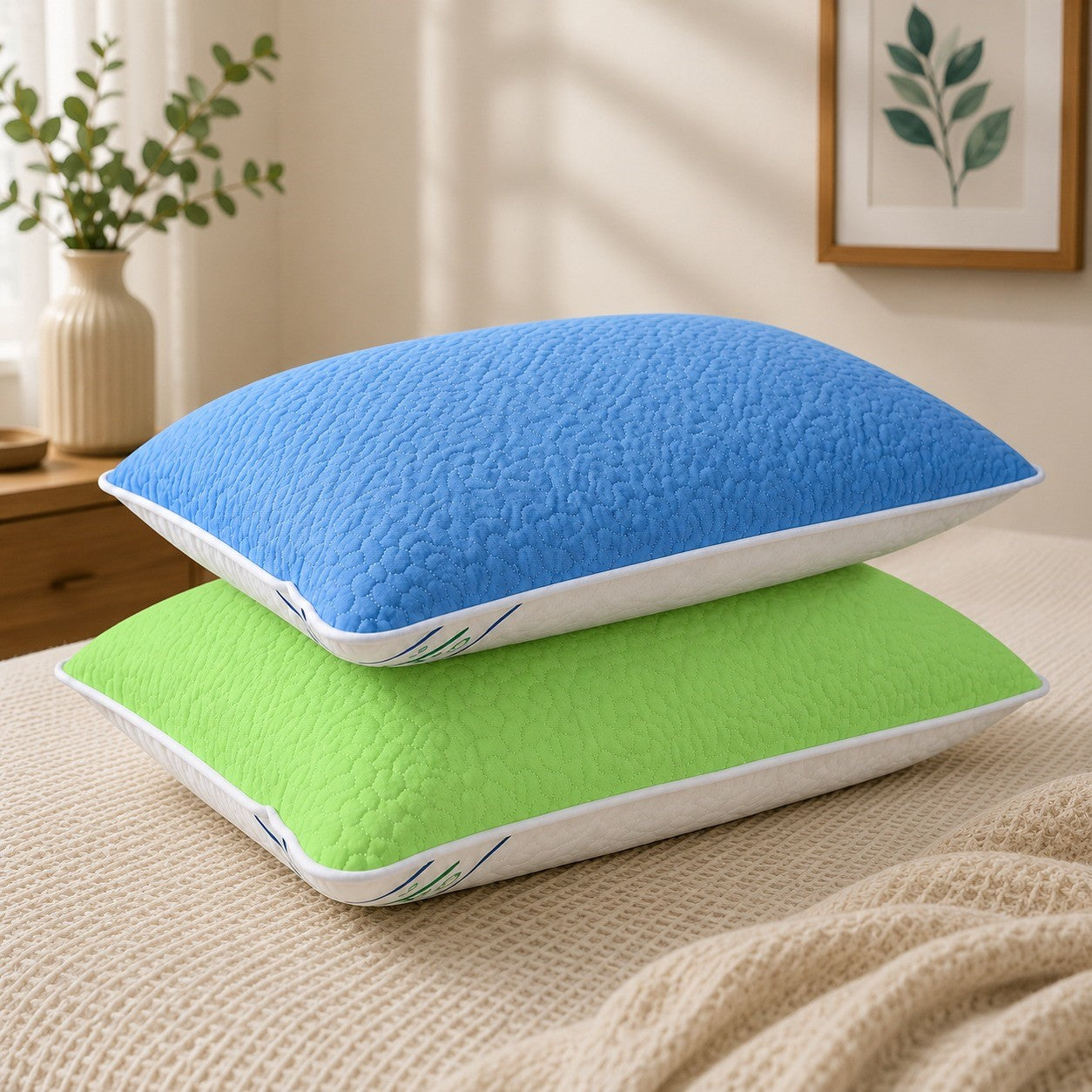 Set 2 Perne 50x70 cm, Puf Siliconizat Antialergic, Față Vară/Iarnă,Verde/Bleu