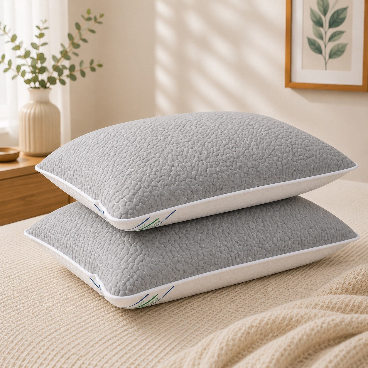 Set 2 Perne 50x70 cm, Puf Siliconizat Antialergic, Față Vară/Iarnă,Gri