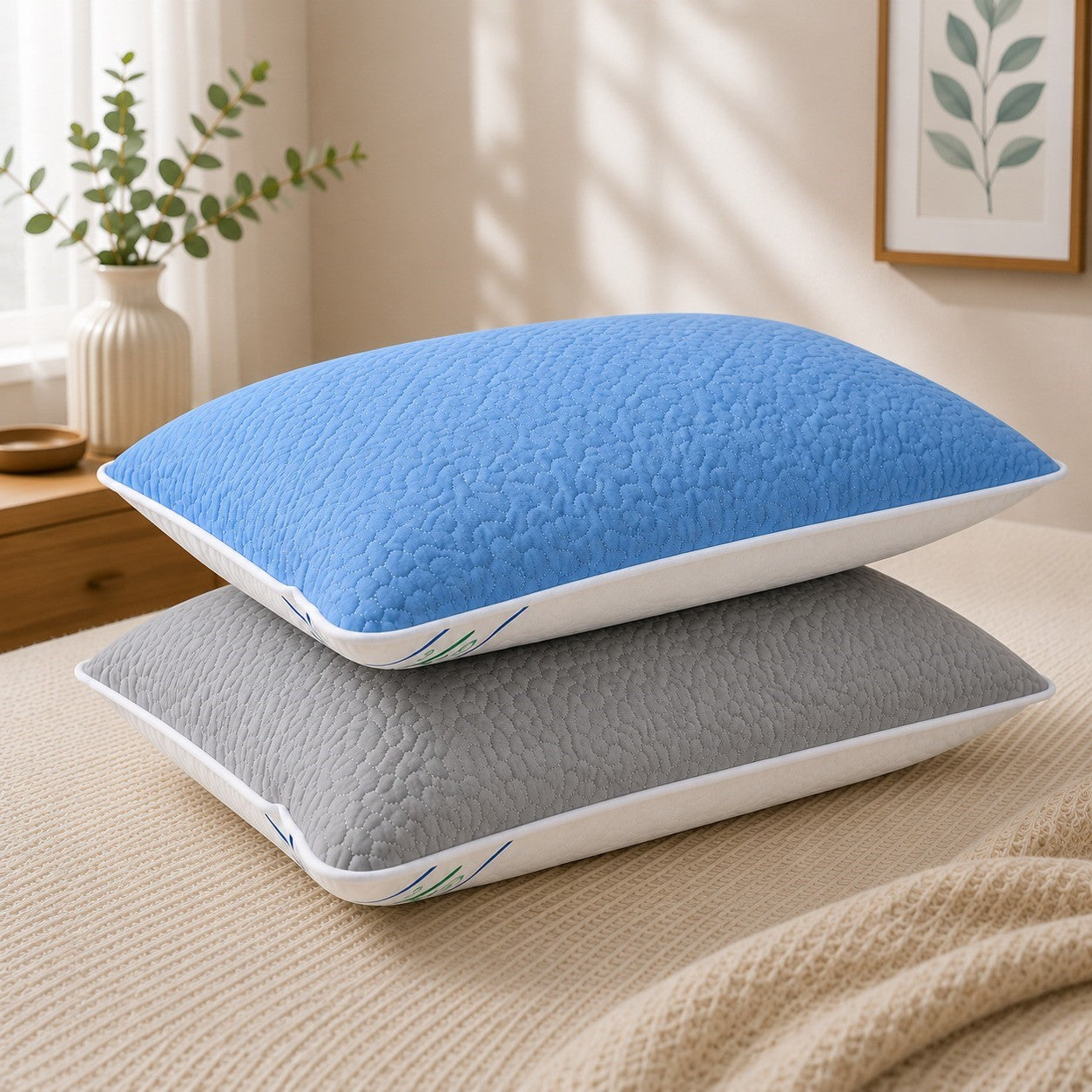 Set 2 Perne 50x70 cm, Puf Siliconizat Antialergic, Față Vară/Iarnă,Gri/Bleu