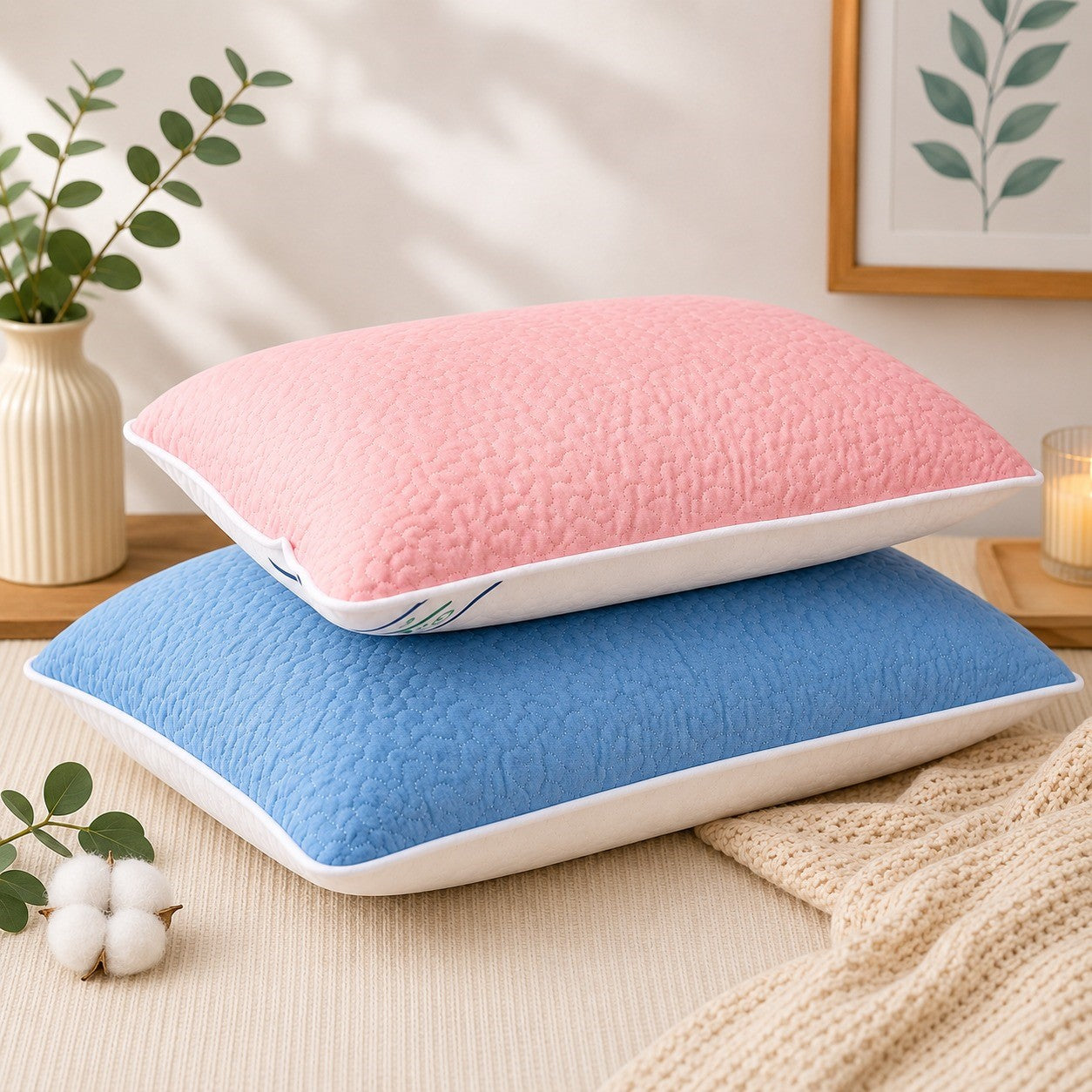Set 2 Perne 50x70 cm, Puf Siliconizat Antialergic, Față Vară/Iarnă,Roz/Bleu