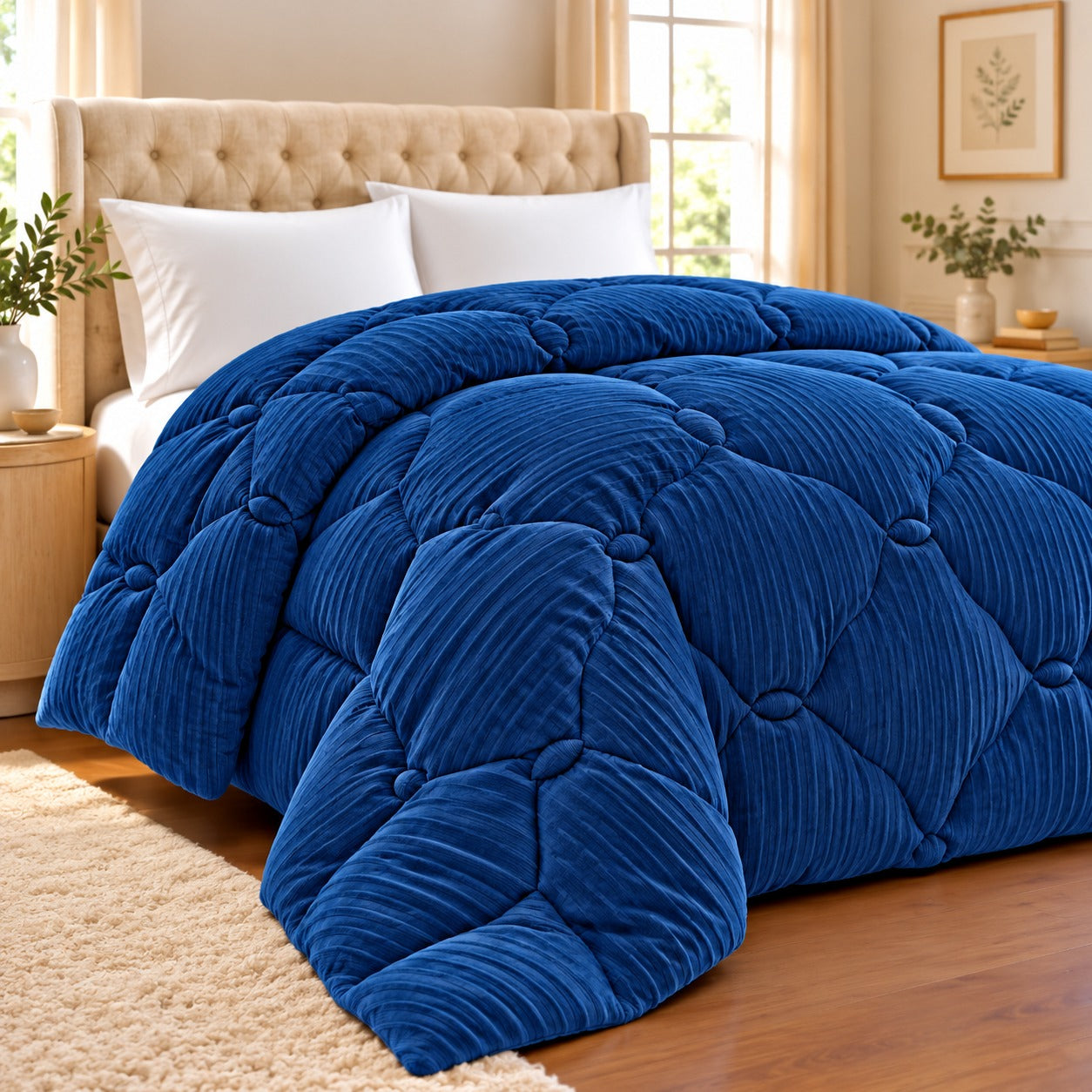 Pilotă matlasată Cocolino bleumarin 200 × 220 cm, prezentată pe pat